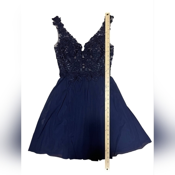 Nwt Prom Sherri Hill Lace Plunging bodice low back Blue Cocktail Dress Gown 2 - Picture 15 of 16